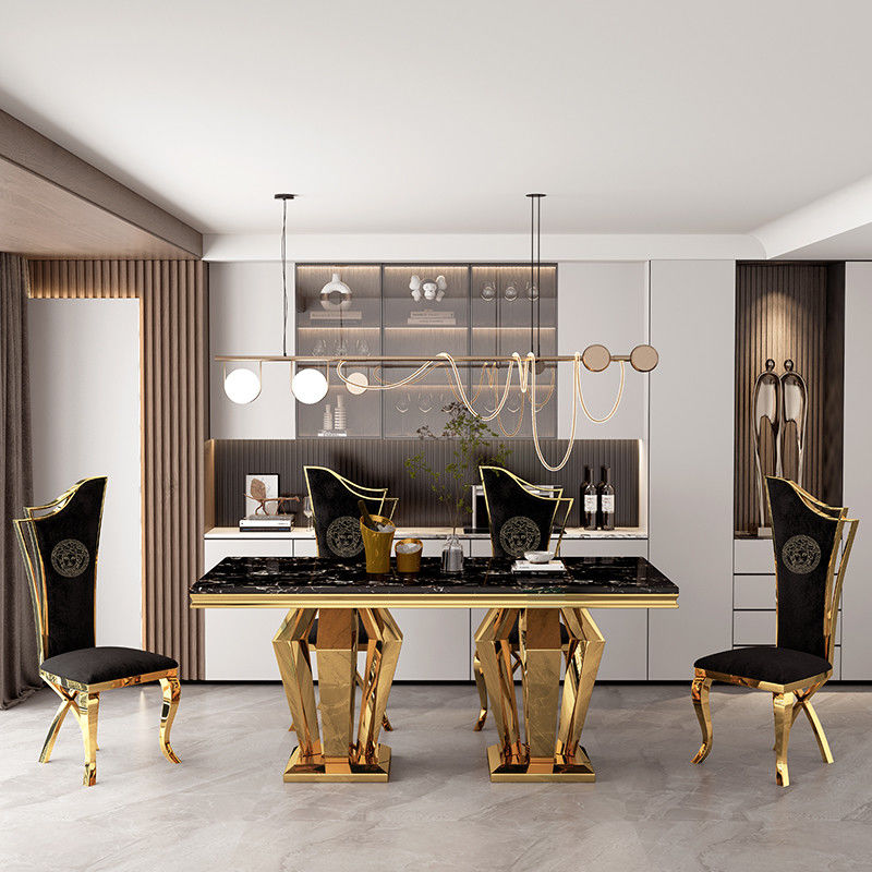 Exquisita mesa de comedor de mármol de acero inoxidable para decoración de alta gama