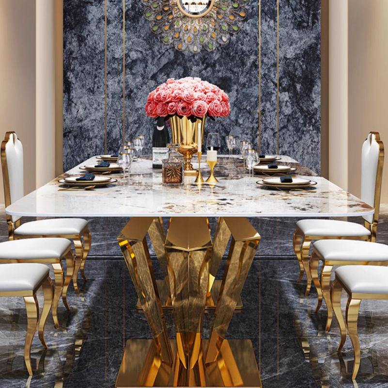 Exquisita mesa de comedor de mármol de acero inoxidable para decoración de alta gama