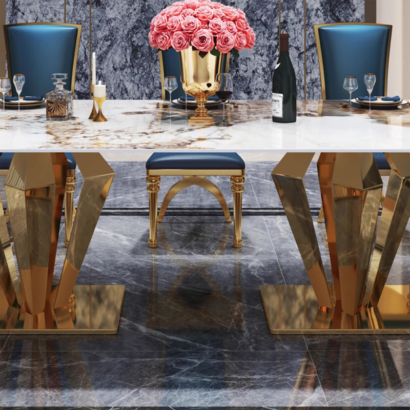 Exquisita mesa de comedor de mármol de acero inoxidable para decoración de alta gama